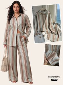 Comfortcana Plus Size Women Casual Striped Long Sleeve Shirt And Pants Set Fall - Blue - View 3
