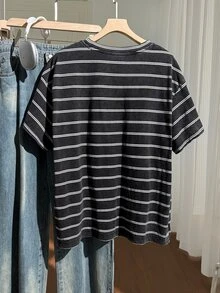 Comfortcana 大码女式夏季休闲条纹圆领短袖T恤 - 黑色 - 查看 2
