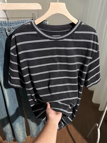 Comfortcana 大码女式夏季休闲条纹圆领短袖T恤 - 黑色 - 查看 1