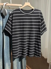 Comfortcana 大码女式夏季休闲条纹圆领短袖T恤 - 黑色 - 查看 5