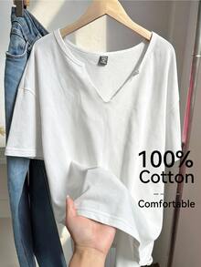 Comfortcana 大码春夏服装，复古水洗宽松短袖V领T恤，纯棉面料，春夏款 - 白色 - 查看 7