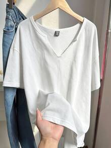 Comfortcana 大码春夏服装，复古水洗宽松短袖V领T恤，纯棉面料，春夏款 - 白色 - 查看 1