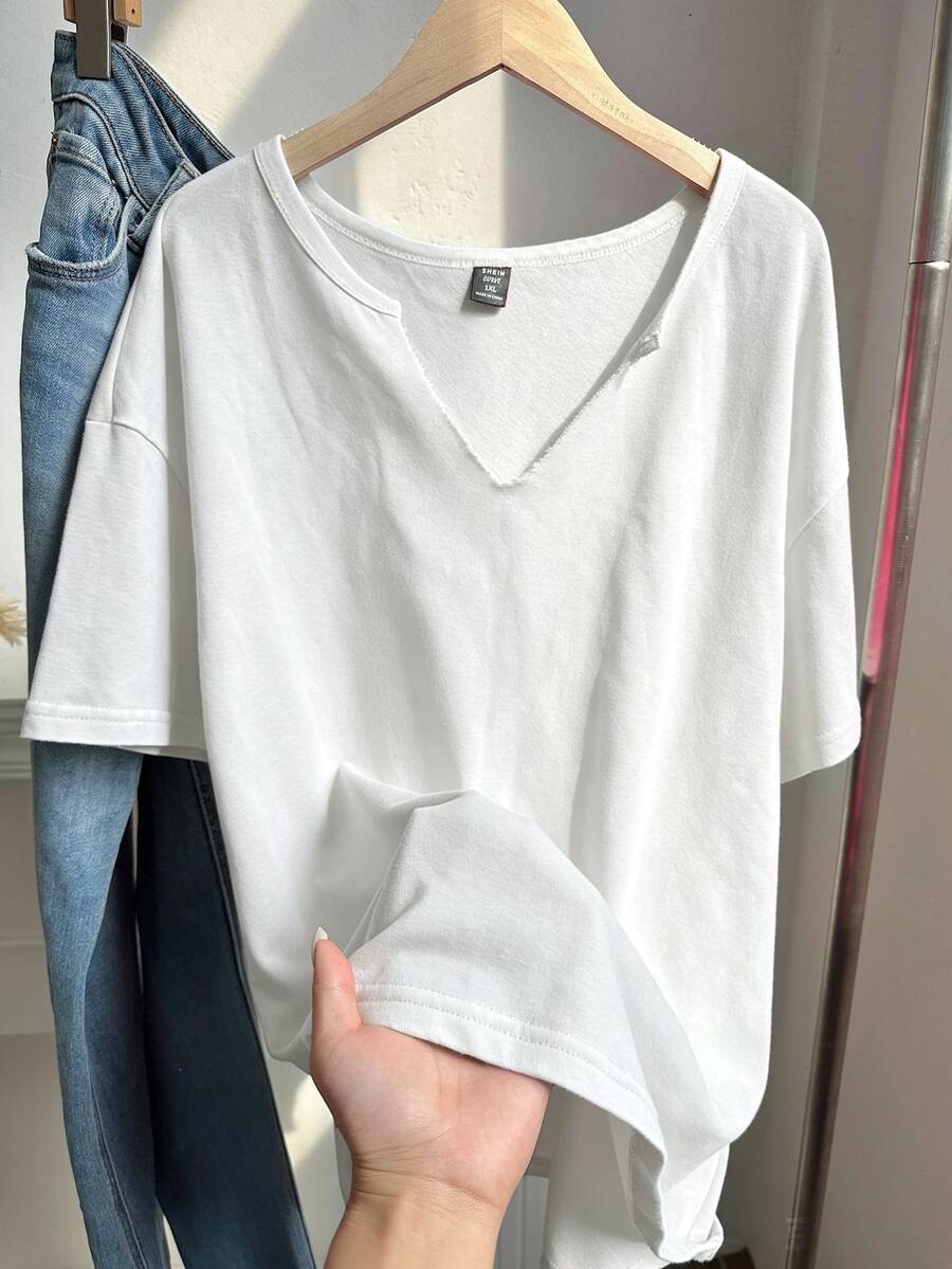 Comfortcana 大码春夏服装,复古水洗宽松短袖V领T恤,纯棉面料,春夏款 - 白色 - 查看 1