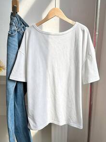 Comfortcana 大码春夏服装，复古水洗宽松短袖V领T恤，纯棉面料，春夏款 - 白色 - 查看 2