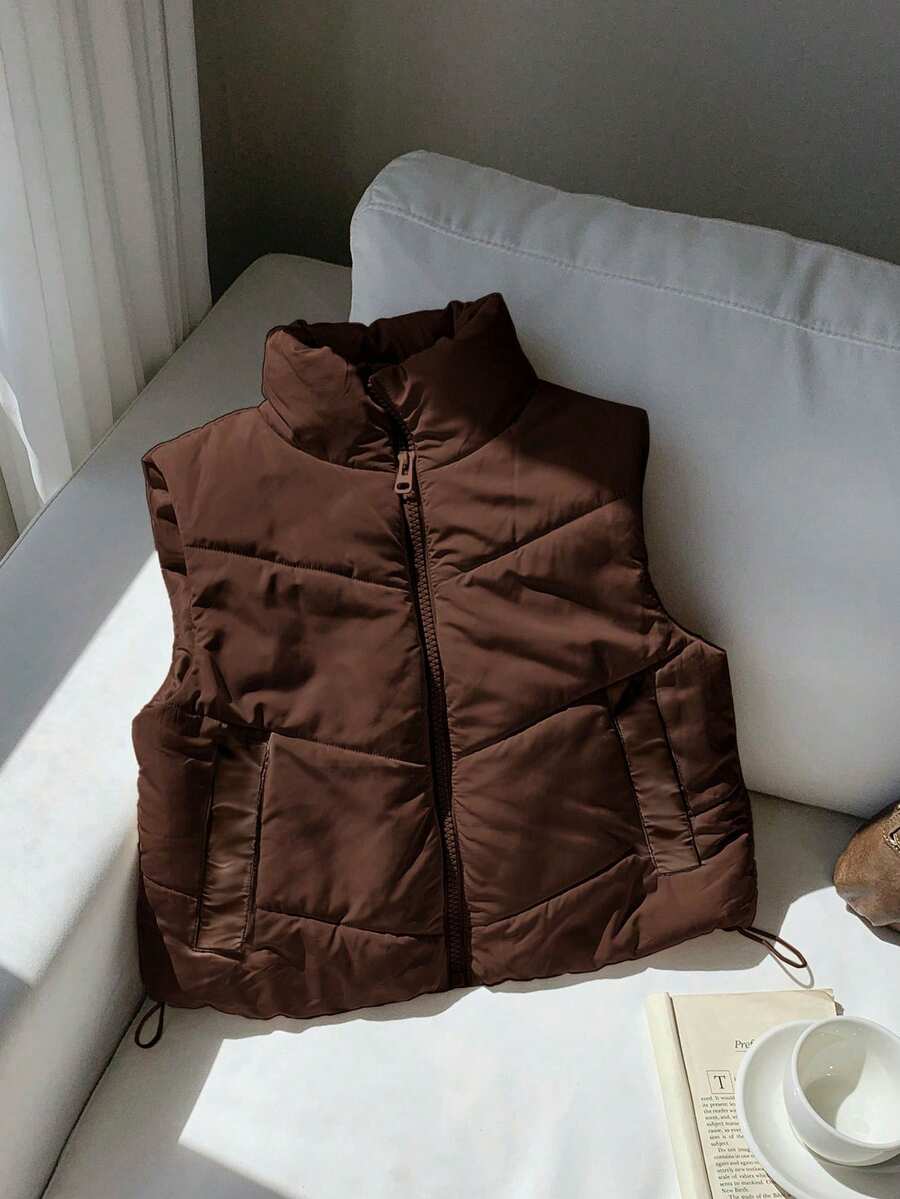 Comfortcana Chaleco acolchado negro de cuello alto informal de talla grande para otoño/invierno - Marrón - Ver 1