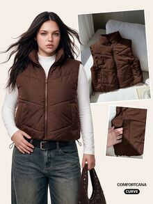 Comfortcana Chaleco acolchado negro de cuello alto informal de talla grande para otoño/invierno - Marrón - Ver 3