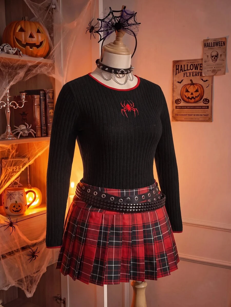 Comfortcana Plus Size Women Spider Embroidery Round Neck Long Sleeve Casual Bodysuit Halloween - Black - View 1