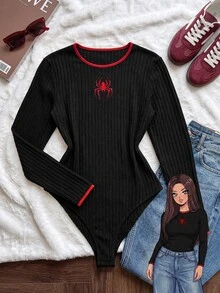 Comfortcana 大尺碼女款蜘蛛刺繡圓領長袖休閒連身衣萬聖節 - 黑色 - 查看 10