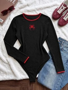 Comfortcana 大尺碼女款蜘蛛刺繡圓領長袖休閒連身衣萬聖節 - 黑色 - 查看 5