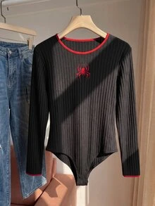 Comfortcana 大尺碼女款蜘蛛刺繡圓領長袖休閒連身衣萬聖節 - 黑色 - 查看 7