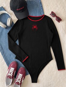 Comfortcana 大尺碼女款蜘蛛刺繡圓領長袖休閒連身衣萬聖節 - 黑色 - 查看 8