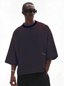 STYNVO 男士夏季休閒條紋落肩寬鬆版型T恤 - 彩色 - 查看 4