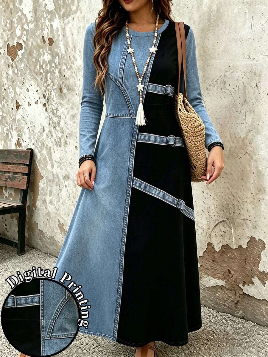 SHEIN LUNE Gaun Kasual Musim Panas Wanita dengan Motif Blok Warna - MultiWarna - View 1