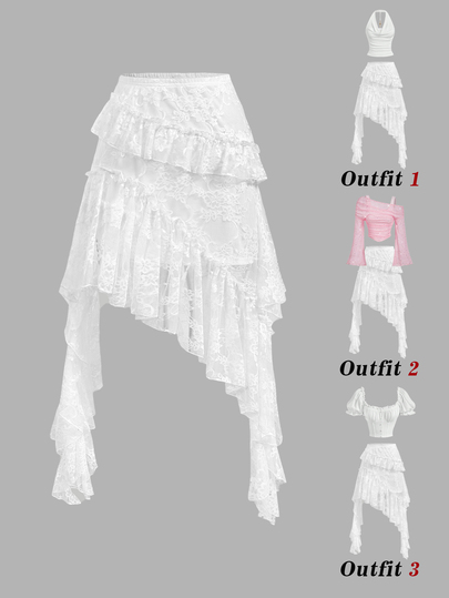 SHEIN MOD Women's Lace Patchwork Ruffle Sexy Fairy Date Party Bali Vacation Garden Party Wedding Skirt Wedding White Summer...