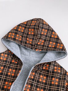SHEIN 青少年男孩休閒時尚兒童舒適可翻面純色+格紋連帽衛衣，秋冬款 - 彩色 - 查看 3