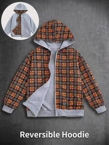 SHEIN 青少年男孩休閒時尚兒童舒適可翻面純色+格紋連帽衛衣，秋冬款 - 彩色 - 查看 1