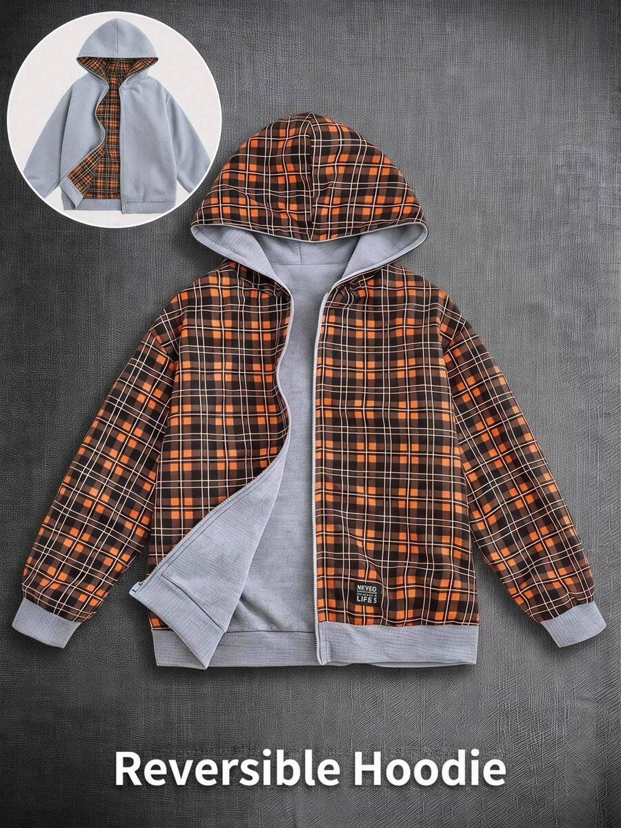 SHEIN 青少年男孩休閒時尚兒童舒適可翻面純色+格紋連帽衛衣,秋冬款 - 彩色 - 查看 1