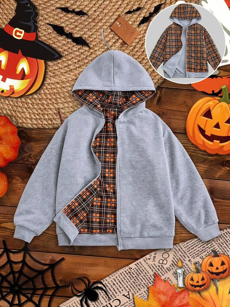 SHEIN Tween Boys' Casual Fashion Kids Comfortable Reversible Solid Color + Plaid Hooded Sweatshirt, Autumn/Winter - Multicolor - View 1