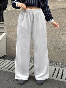 SHEIN EZwear 大码女式休闲黑色侧条纹裤，简约时尚，适合日常休闲穿着、毕业季、返校季、毕业典礼、女教师着装等场合。这款阔腿运动裤舒适宽松，版型宽松，适合各种场合。 - 淺灰色 - 查看 8