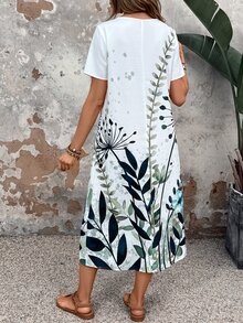 SHEIN LUNE Women Vacation Casual Plant Printed Short Sleeve Dress - Multicolor - View 2