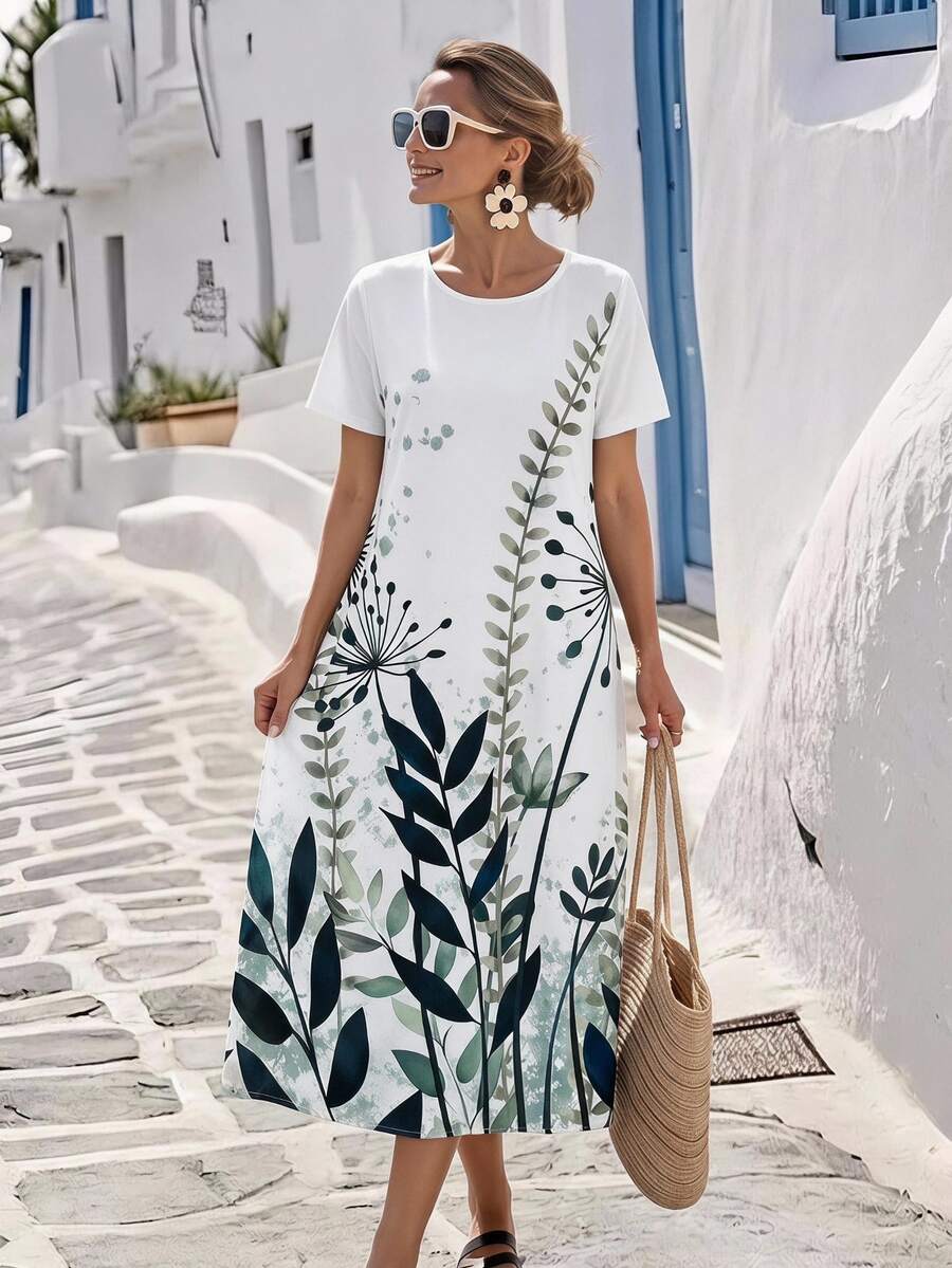 SHEIN LUNE Women Vacation Casual Plant Printed Short Sleeve Dress - Multicolor - View 1