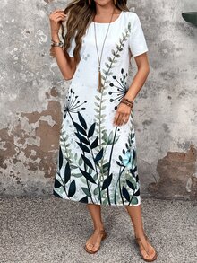 SHEIN LUNE Women Vacation Casual Plant Printed Short Sleeve Dress - Multicolor - View 3