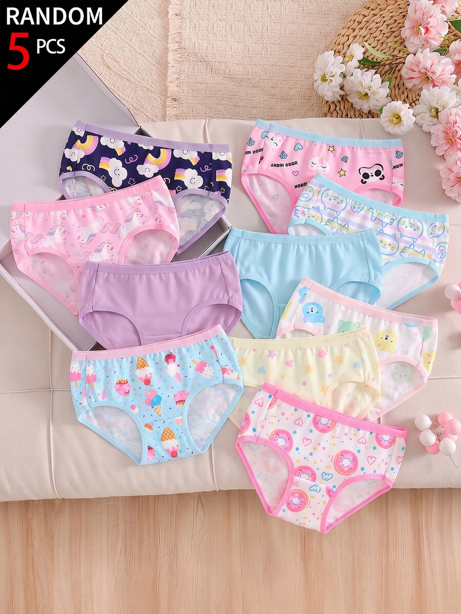 SHEIN 5件組女童幼兒內褲套裝，可愛花卉、彩虹與動物印花，針織布料製，高彈性，嬰兒藍、嬰兒粉、紫色，冬季款
