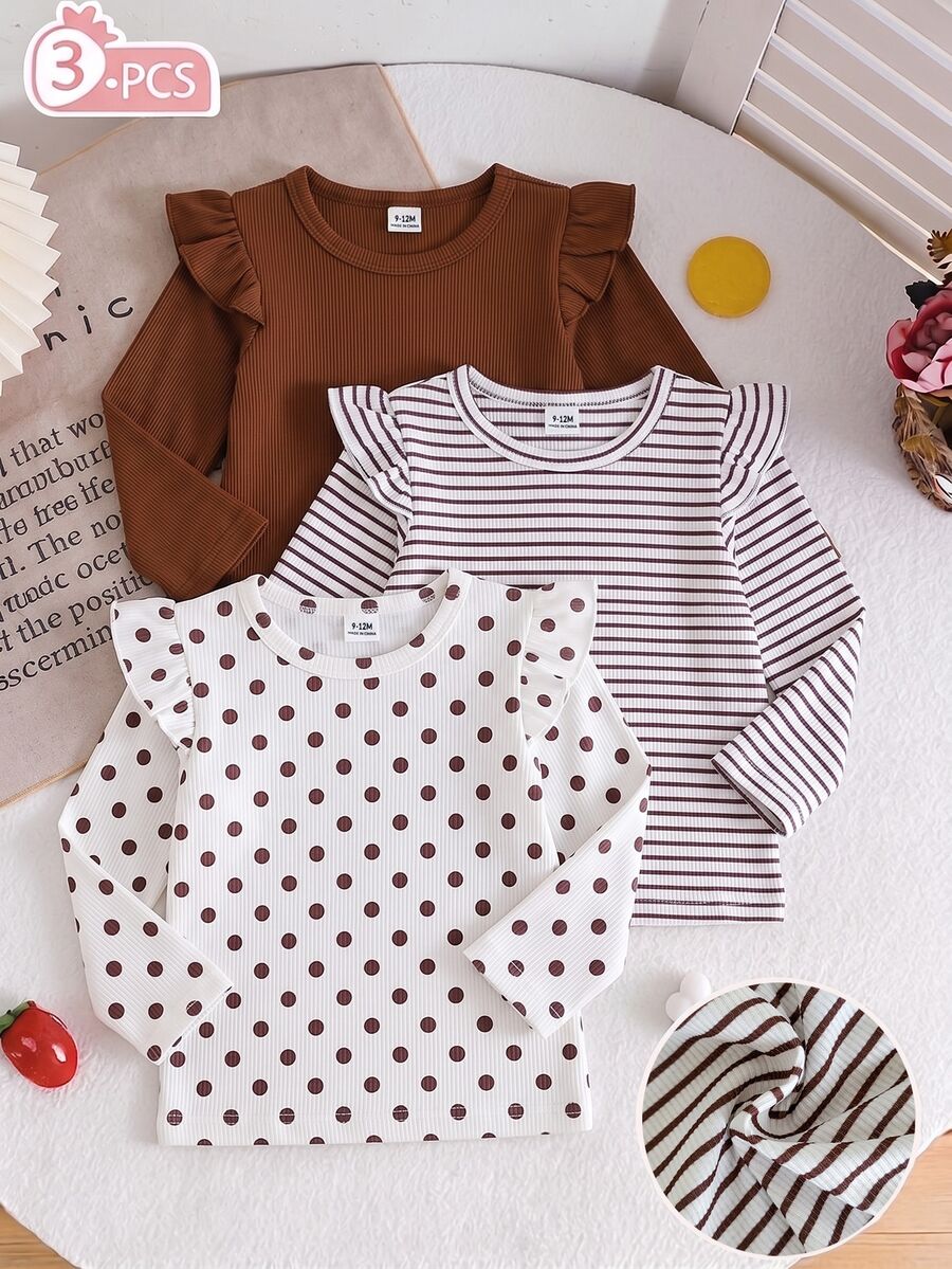 SHEIN 3pcs/Set Girls Pink & White Striped Autumn Cute Graduation Back To School Soft Elastic Solid Color Ruffle Trim Long Sleeve Tops, Casual Style Soft Ribbed Long Sleeve Base Layer, 3 Gentle Color Options: Polka Dot, Striped, Solid Color. Flutter Sleeve Ruffle Design Playful And Cute, Suitable For Layering Or Wearing Alone, Versatile And Timeless For Daily Wear
