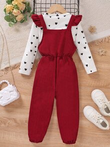 SHEIN Elladie kids Conjunto de 2 piezas para niñas jóvenes en otoño, top de manga larga con estampado de corazones & mono de pana color vino con lazo decorativo y tirantes con volantes, ropa casual y linda para niñas jóvenes - Burdeos - Ver 2