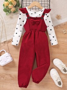 SHEIN Elladie kids Conjunto de 2 piezas para niñas jóvenes en otoño, top de manga larga con estampado de corazones & mono de pana color vino con lazo decorativo y tirantes con volantes, ropa casual y linda para niñas jóvenes - Burdeos - Ver 3