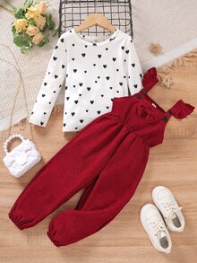 SHEIN Elladie kids Conjunto de 2 piezas para niñas jóvenes en otoño, top de manga larga con estampado de corazones & mono de pana color vino con lazo decorativo y tirantes con volantes, ropa casual y linda para niñas jóvenes - Burdeos - Ver 5