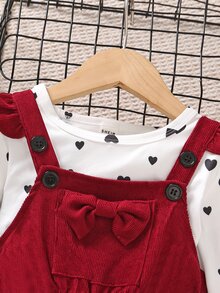SHEIN Elladie kids Conjunto de 2 piezas para niñas jóvenes en otoño, top de manga larga con estampado de corazones & mono de pana color vino con lazo decorativo y tirantes con volantes, ropa casual y linda para niñas jóvenes - Burdeos - Ver 4
