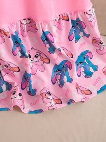 SHEIN 兒童大童女孩秋冬甜美螢光卡通兔子蝴蝶結愛心印花拼接荷葉邊長袖圓領套頭長款居家洋裝 粉色 - 粉色 - 查看 5