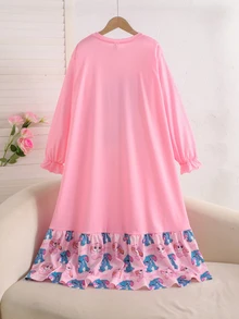 SHEIN 兒童大童女孩秋冬甜美螢光卡通兔子蝴蝶結愛心印花拼接荷葉邊長袖圓領套頭長款居家洋裝 粉色 - 粉色 - 查看 2