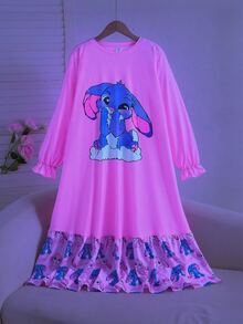SHEIN 兒童大童女孩秋冬甜美螢光卡通兔子蝴蝶結愛心印花拼接荷葉邊長袖圓領套頭長款居家洋裝 粉色 - 粉色 - 查看 6