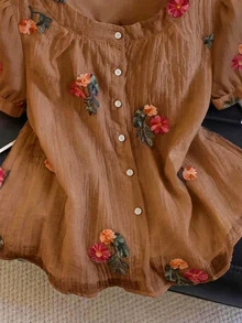 GlowEve Summer New Delicate Fresh Floral Embroidered Textured Women's Round Neck Blouse - Brown - View 5