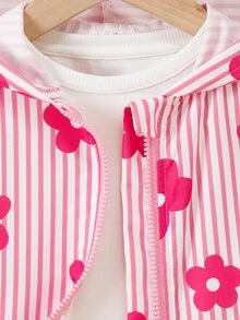 SHEIN Elladie kids 幼女花卉條紋拉鍊連帽外套，長袖秋季上衣，可愛童裝外套，小女孩休閒秋季穿搭 - 粉色 - 查看 10