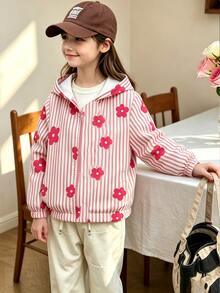 SHEIN Elladie kids 幼女花卉條紋拉鍊連帽外套，長袖秋季上衣，可愛童裝外套，小女孩休閒秋季穿搭 - 粉色 - 查看 7