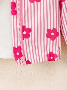 SHEIN Elladie kids 幼女花卉條紋拉鍊連帽外套，長袖秋季上衣，可愛童裝外套，小女孩休閒秋季穿搭 - 粉色 - 查看 9