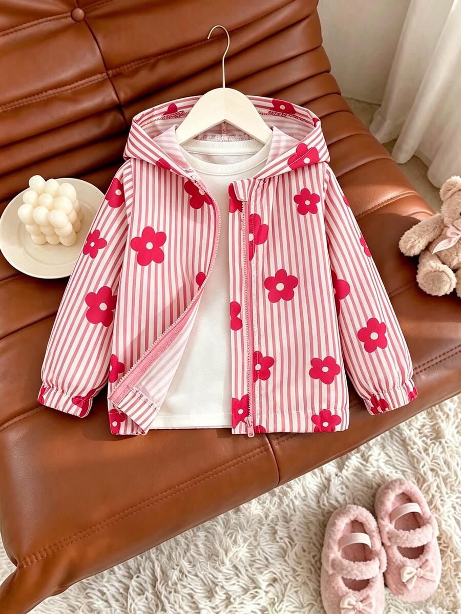 SHEIN Elladie kids 幼女花卉條紋拉鍊連帽外套，長袖秋季上衣，可愛童裝外套，小女孩休閒秋季穿搭