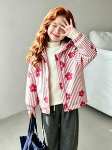 SHEIN Elladie kids 幼女花卉條紋拉鍊連帽外套，長袖秋季上衣，可愛童裝外套，小女孩休閒秋季穿搭 - 粉色 - 查看 5