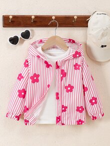SHEIN Elladie kids 幼女花卉條紋拉鍊連帽外套，長袖秋季上衣，可愛童裝外套，小女孩休閒秋季穿搭 - 粉色 - 查看 6