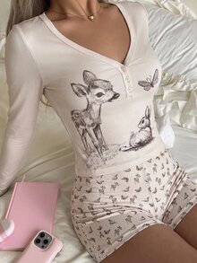 CovetEZ 女款動物印花長袖T恤與短褲兩件套 - 卡其色 - 查看 4