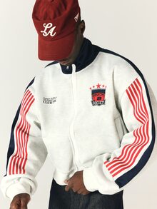 SUMWON Society Oversized Varsity Zip-Up Track Jacket With Sheild Badge Number Back Print And Stripe Sleeves - White - View 3