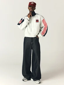 SUMWON Society Oversized Varsity Zip-Up Track Jacket With Sheild Badge Number Back Print And Stripe Sleeves - White - View 5