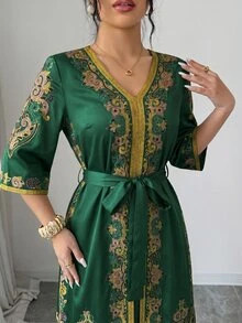 Selianne 2pcs Women's Set, New Spring/Summer Bohemian Middle Eastern Print Long Shirt With V-Neck, Cinched Waist, Batwing Long Sleeves, Gold Contrast Trim, Long Short Sleeve Shirt + Wide Leg Pants, Formal Outfit For Wedding And Other Important Occasions - Green - View 6