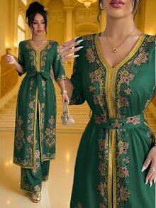 Selianne 2pcs Women's Set, New Spring/Summer Bohemian Middle Eastern Print Long Shirt With V-Neck, Cinched Waist, Batwing Long Sleeves, Gold Contrast Trim, Long Short Sleeve Shirt + Wide Leg Pants, Formal Outfit For Wedding And Other Important Occasions - Green - View 7