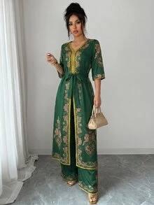 Selianne 2pcs Women's Set, New Spring/Summer Bohemian Middle Eastern Print Long Shirt With V-Neck, Cinched Waist, Batwing Long Sleeves, Gold Contrast Trim, Long Short Sleeve Shirt + Wide Leg Pants, Formal Outfit For Wedding And Other Important Occasions - Green - View 4