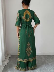 Selianne 2pcs Women's Set, New Spring/Summer Bohemian Middle Eastern Print Long Shirt With V-Neck, Cinched Waist, Batwing Long Sleeves, Gold Contrast Trim, Long Short Sleeve Shirt + Wide Leg Pants, Formal Outfit For Wedding And Other Important Occasions - Green - View 2