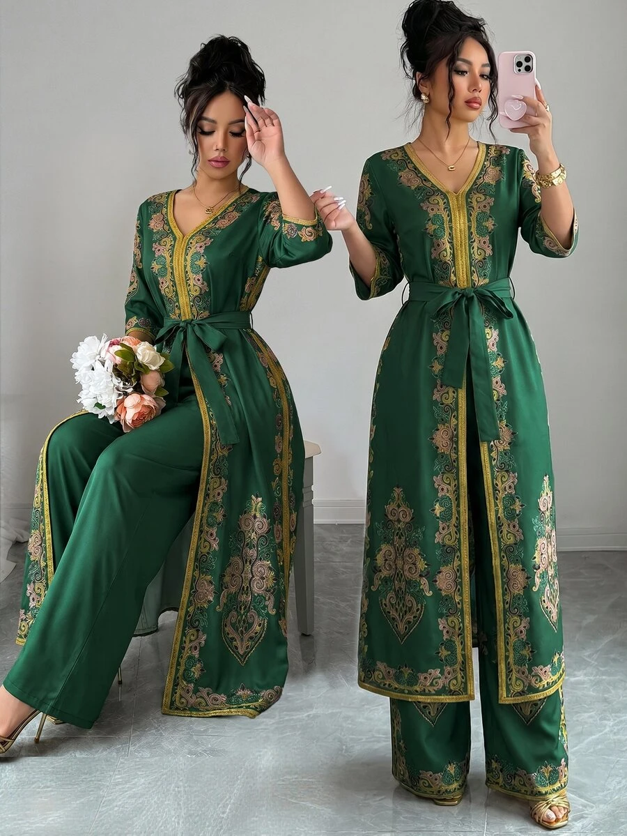 Selianne 2pcs Women's Set, New Spring/Summer Bohemian Middle Eastern Print Long Shirt With V-Neck, Cinched Waist, Batwing Long Sleeves, Gold Contrast Trim, Long Short Sleeve Shirt + Wide Leg Pants, Formal Outfit For Wedding And Other Important Occasions - Green - View 1